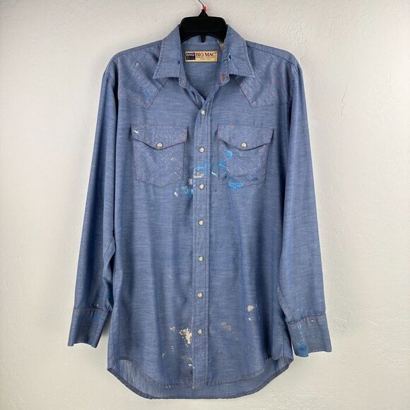 Vintage Big Mac Shirt Mens L Blue Snap Front Long Sleeve Paint High Low Hem Work